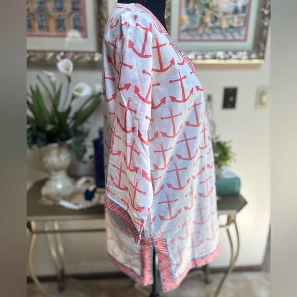 ECOACCENTS CASUAL BEACH POOL NAUTICAL ANCHOR PEACH & WHITE TUNIC COVERUP SZ M - Picture 3 of 7